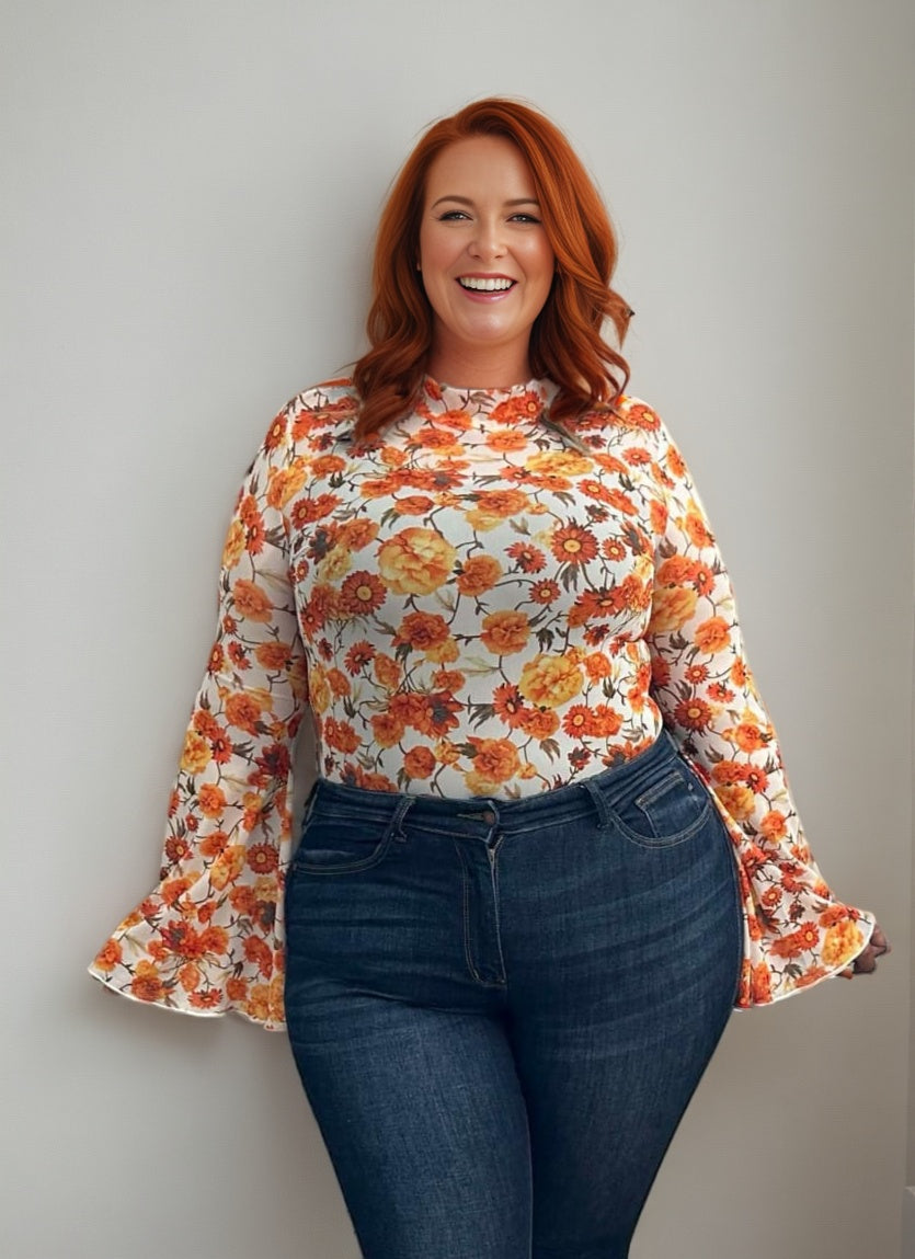 Orange Floral Mesh Boho Top