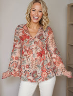 Load image into Gallery viewer, Orange Floral Bell Sleeve Blouse
