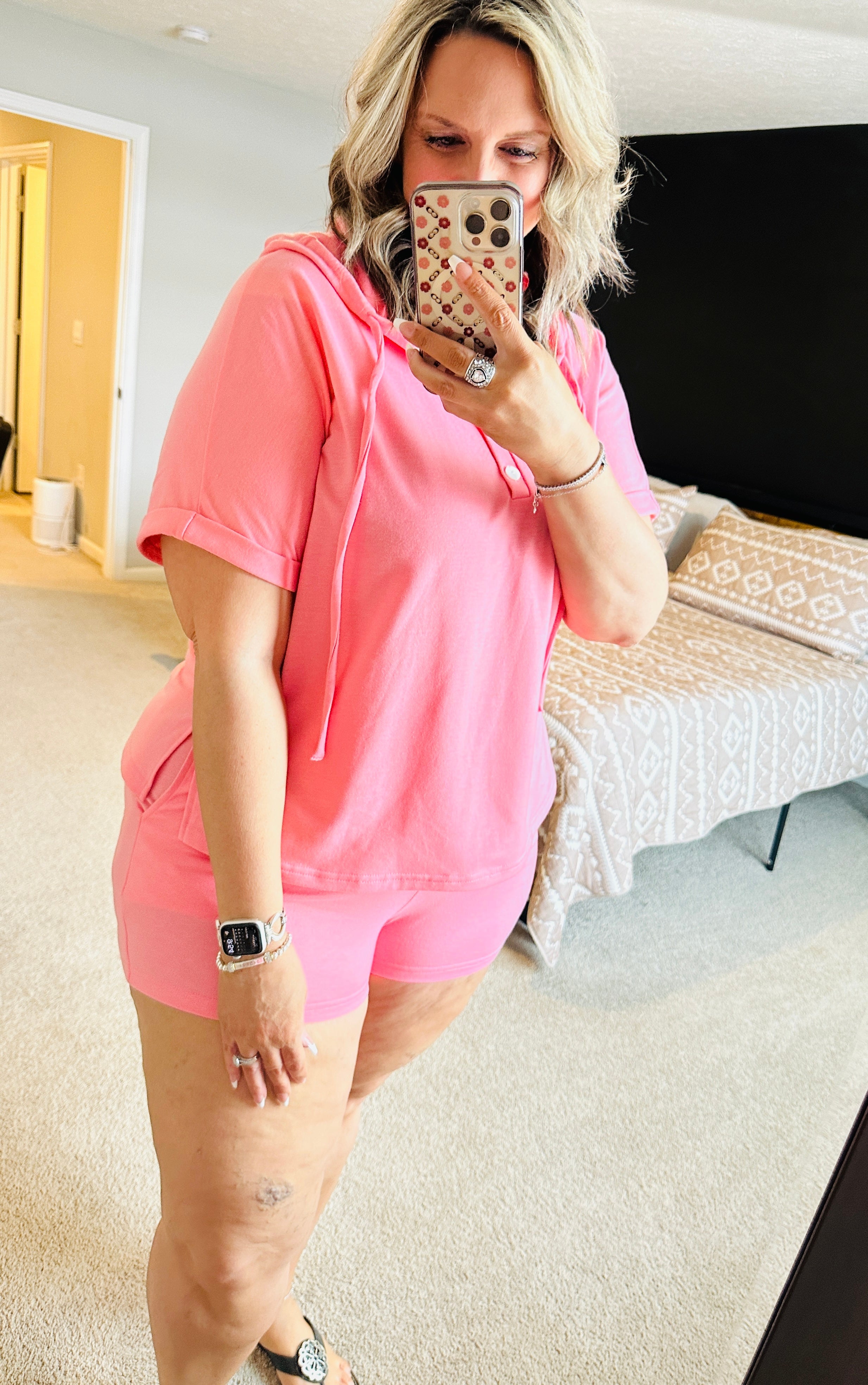 Pink Henley Top + Shorts Set