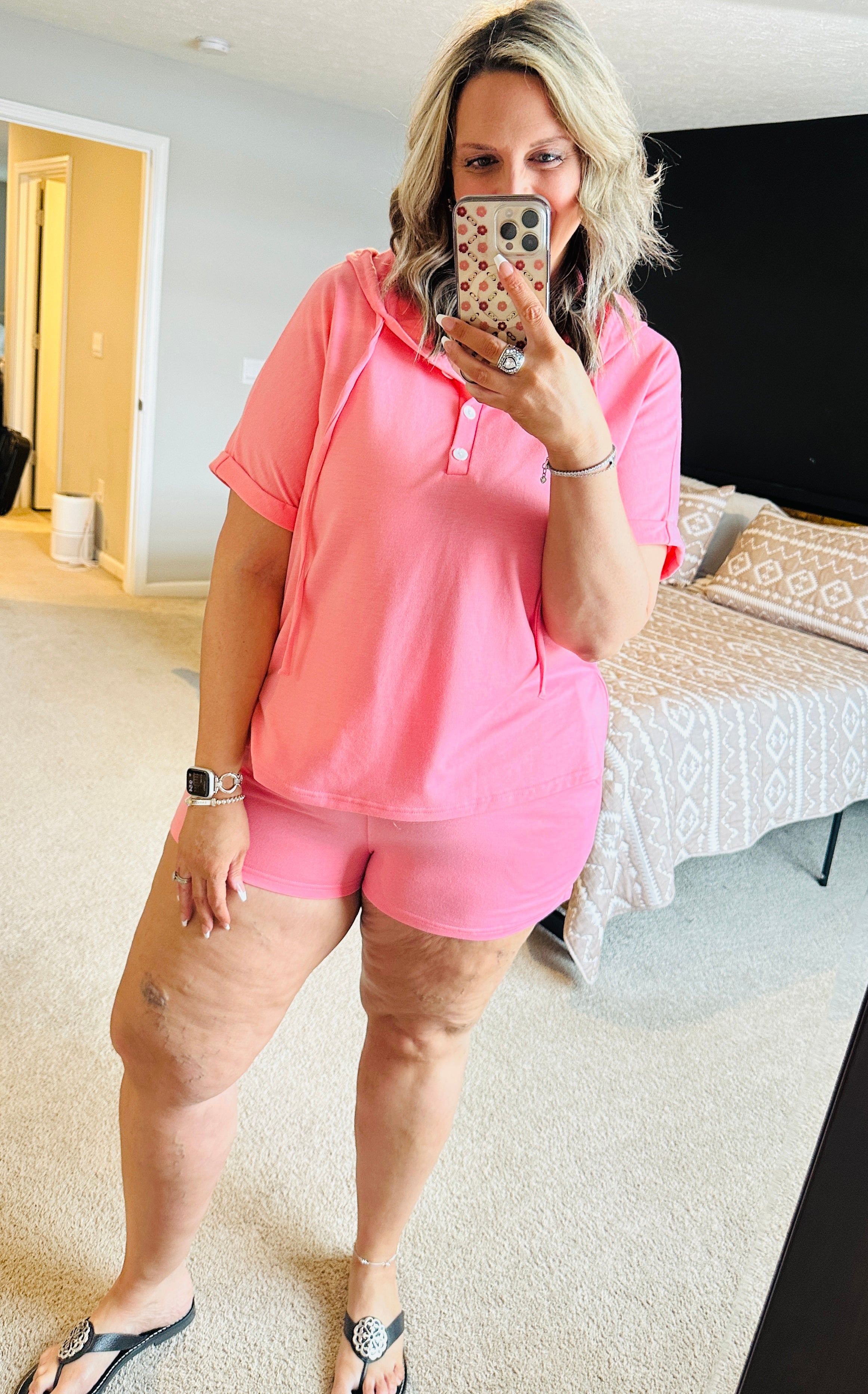 Pink Henley Top + Shorts Set