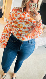 Load image into Gallery viewer, Orange Floral Mesh Boho Top
