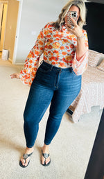 Load image into Gallery viewer, Orange Floral Mesh Boho Top
