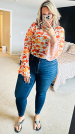 Load image into Gallery viewer, Orange Floral Mesh Boho Top
