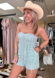 blue sequin tube romper