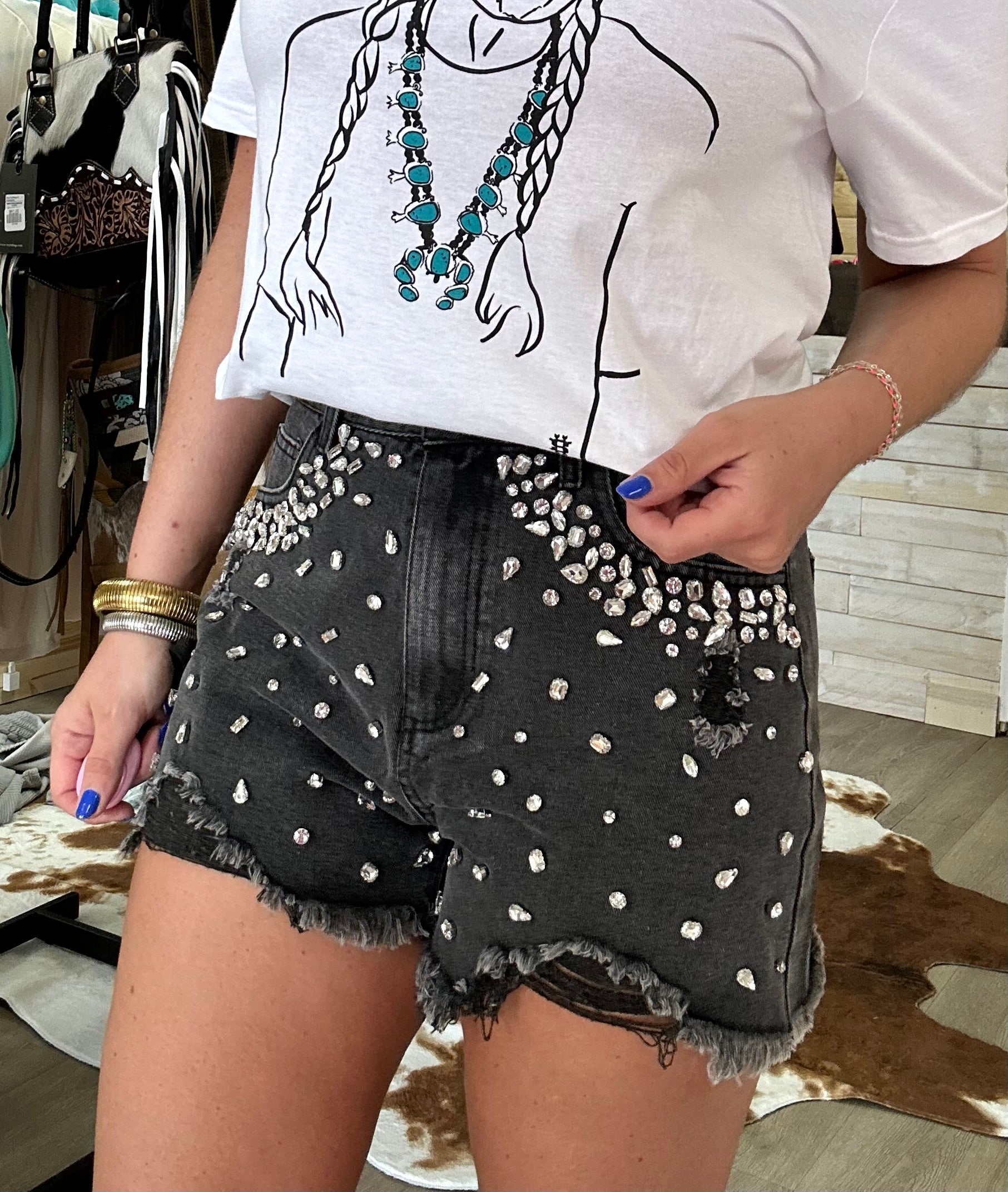 black rhinestone denim shorts