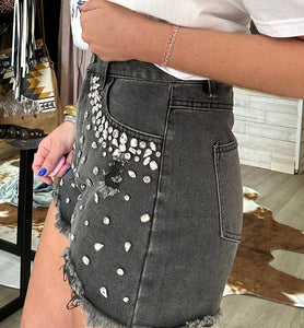 black rhinestone denim shorts