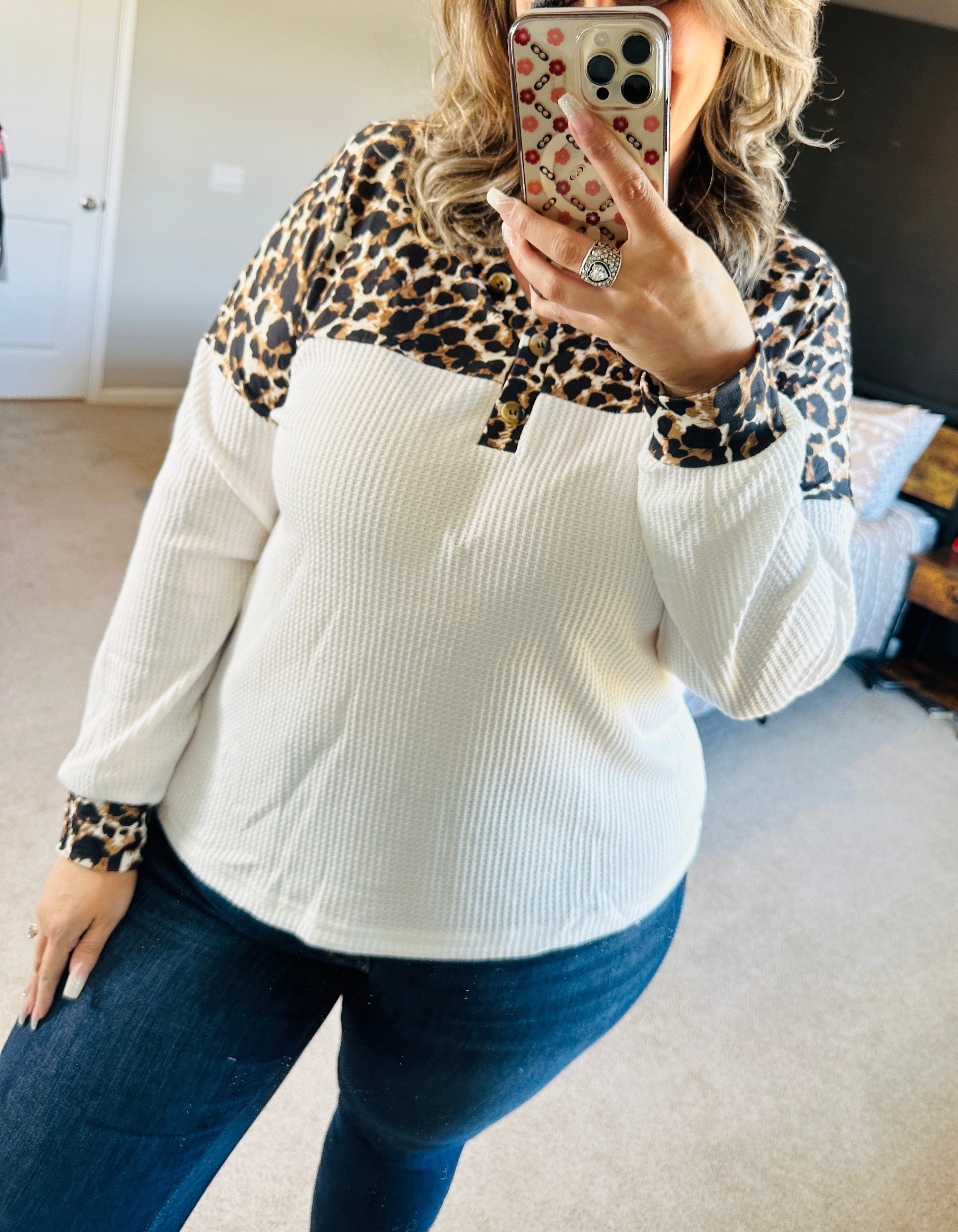 White Leopard Waffle Knit Top