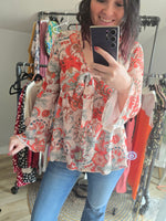 Load image into Gallery viewer, Orange Floral Bell Sleeve Blouse
